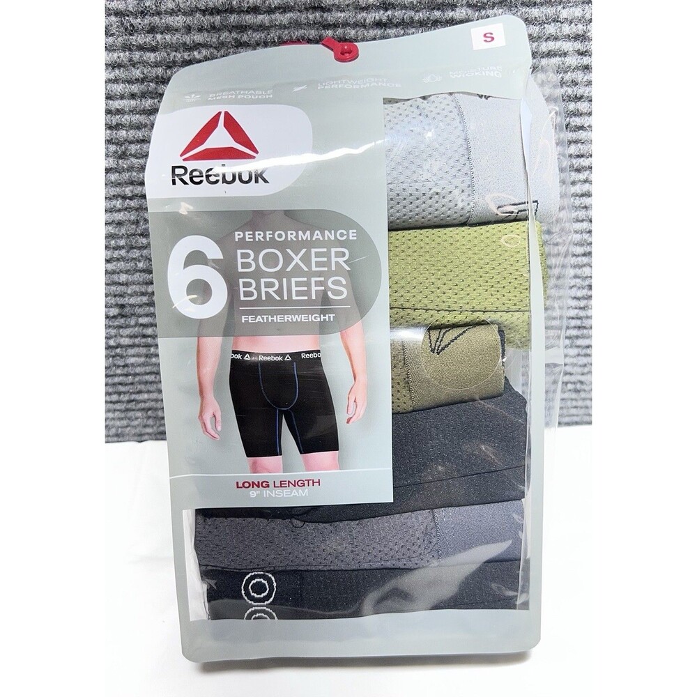 Reebok Mens Boxer Long Briefs Featherweight 9" Inseam, 6 Pack, Size: Small
